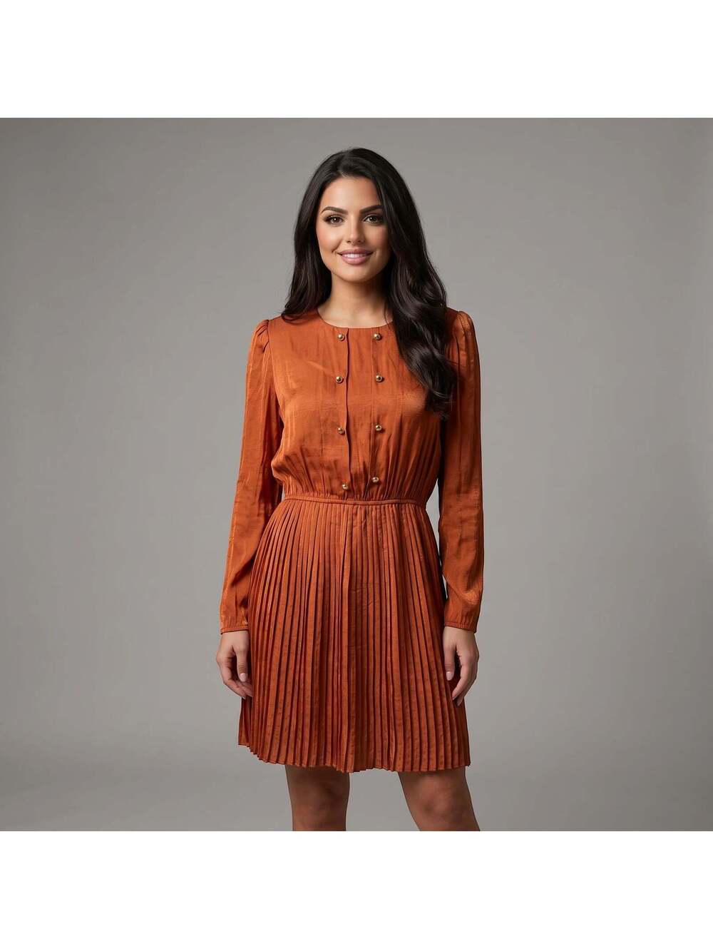 Rust Orange Pleated Long Sleeve Button-Front Midi Dress